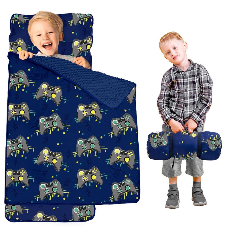 Beavtaens Toddler Nap Mat with Pillow and Minky Blanket, Large 55"x35" Sleeping Bag, Washable, Lightweight, Easy to Roll, Perfect for Preschool, Daycare, Kindergarten, Travel, Boys and Girls(Gamepad) - Image 1